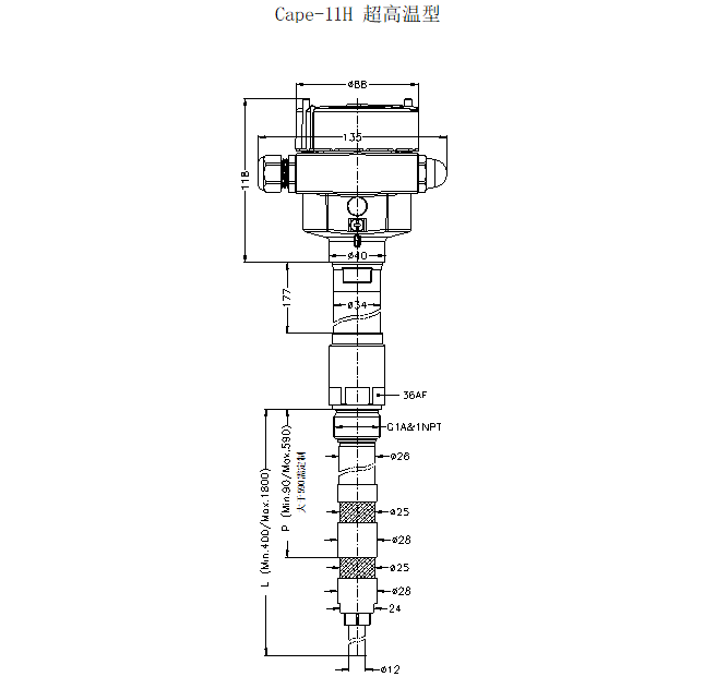 Cape-11H超高溫型射頻導納料位開關尺寸圖